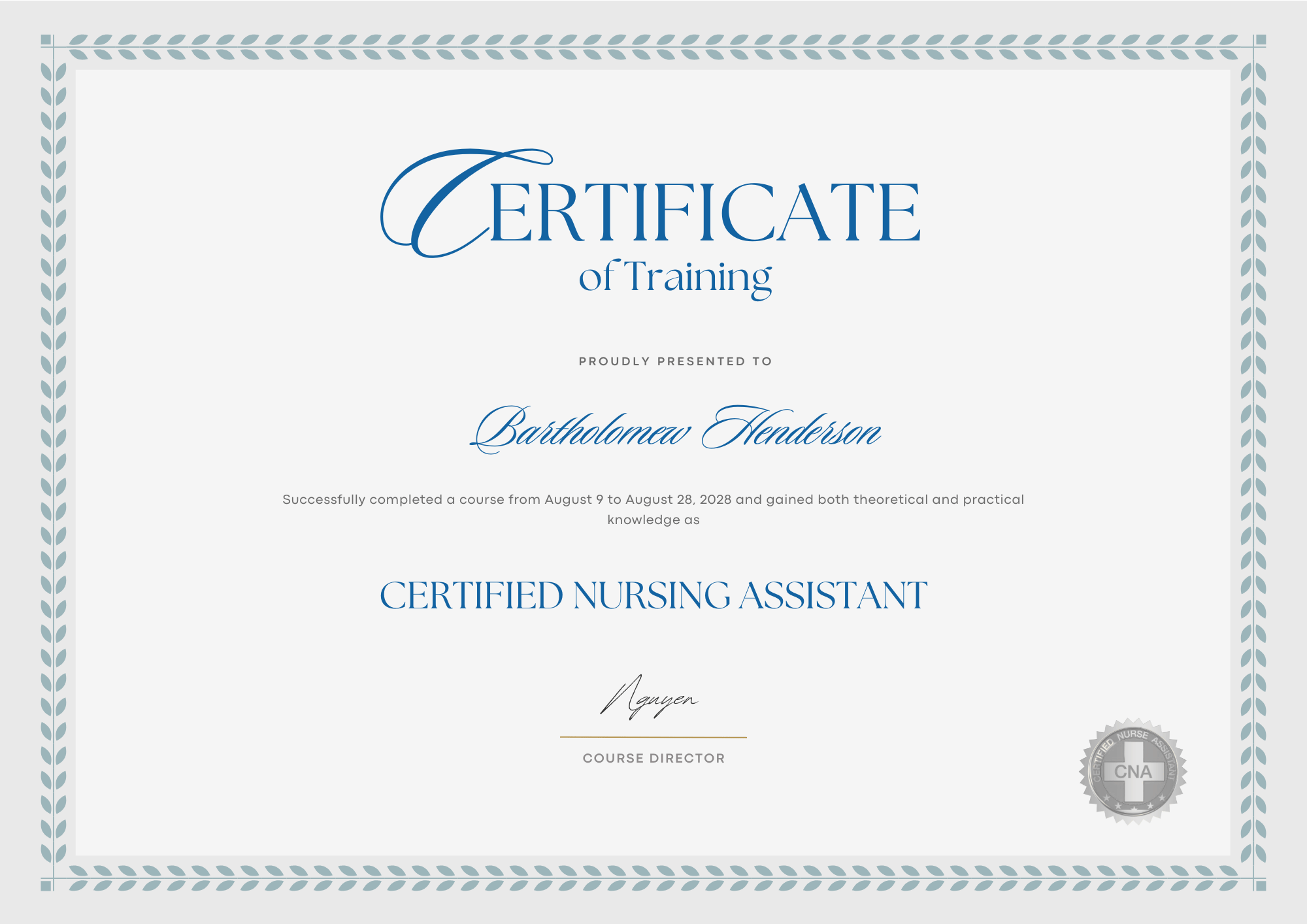 CNA Certificate Template – Practical Training Edition